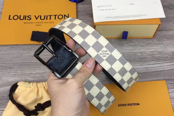 Replica Louis Vuitton M0040Q LV Reverso 40mm Reversible Mens Belt Damier Azur And Damier Graphite Canvas Black Buckle