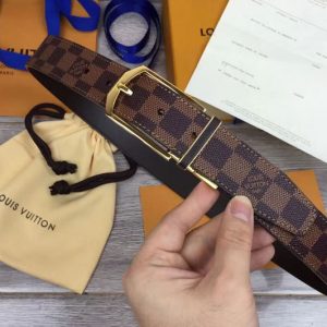 Replica Louis Vuitton M9075Q LV Slender 35mm Reversible Mens Belt Damier Ebene Canvas Gold Buckle