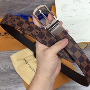 Replica Louis Vuitton M9075Q LV Slender 35mm Reversible Mens Belt Damier Ebene Canvas Silver Buckle