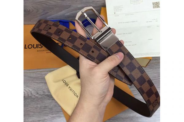 Replica Louis Vuitton M9075Q LV Slender 35mm Reversible Mens Belt Damier Ebene Canvas Silver Buckle