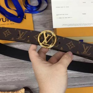 Replica Louis Vuitton M9932Q LV Circle 35mm Mens Belts Monogram Canvas Gold Buckle