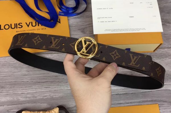 Replica Louis Vuitton M9932Q LV Circle 35mm Mens Belts Monogram Canvas Gold Buckle