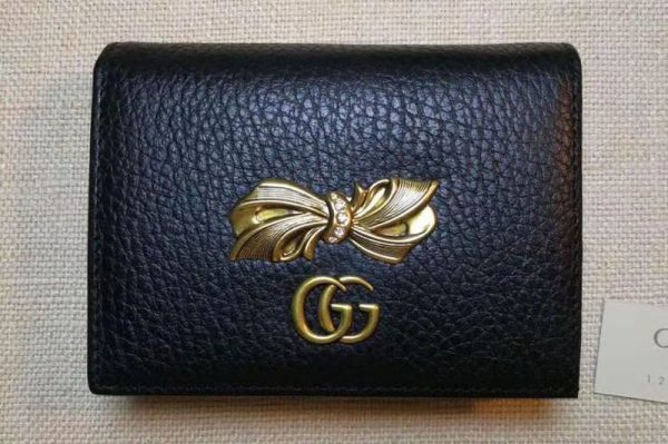 Replica Gucci 523664 Leather card case with bow Black