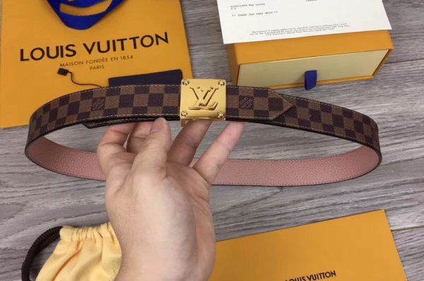 Replica Louis Vuitton M0065U LV Morningram 30mm Reversible Belt Damier Ebene Canvas Gold Buckle