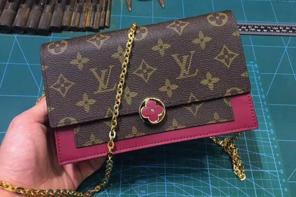 Replica Louis Vuitton M67404 LV Flore Chain Wallet Monogram Canvas Lie De Vin