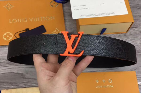 Replica Louis Vuitton M0109T LV Initiales 40mm Reversible Belt Black Taurillon Leather Orange Buckle