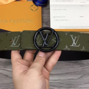 Replica Louis Vuitton M0171 LV Pyramide 40mm Reversible Belt Green Calf Leather Black Circle LV Buckle