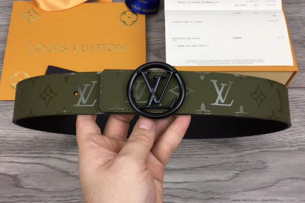 Replica Louis Vuitton M0171 LV Pyramide 40mm Reversible Belt Green Calf Leather Black Circle LV Buckle