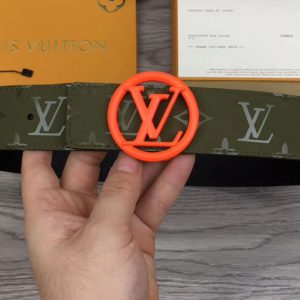 Replica Louis Vuitton M0171 LV Pyramide 40mm Reversible Belt Green Calf Leather Red Circle LV Buckle