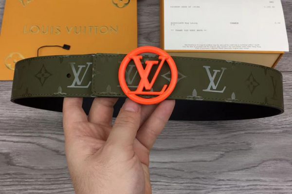 Replica Louis Vuitton M0171 LV Pyramide 40mm Reversible Belt Green Calf Leather Red Circle LV Buckle