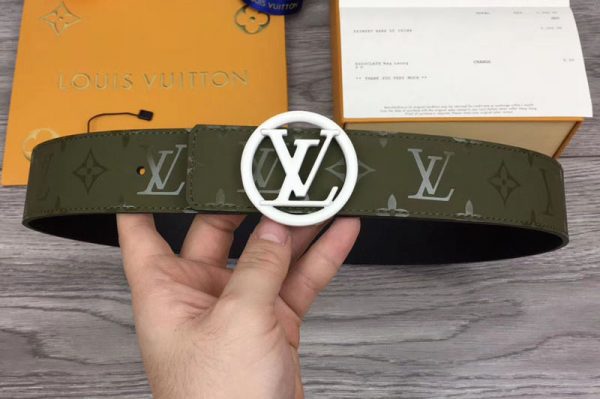 Replica Louis Vuitton M0171 LV Pyramide 40mm Reversible Belt Green Calf Leather White Circle LV Buckle