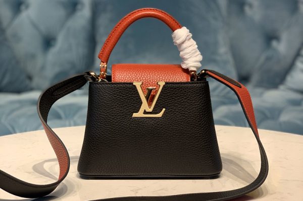 Replica Louis Vuitton M56071 LV Capucines Mini handbag in Black/Red Taurillon leather