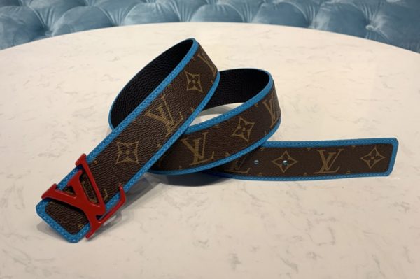 Replica Louis Vuitton MP204V LV Shape Patchwork 40mm belt in Monogram canvas With Red Buckle