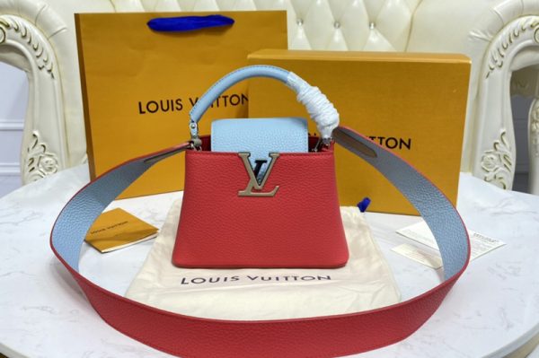 Replica Louis Vuitton M57520 LV Capucines Mini handbag in Coral/Greige Beige/Olympe Blue Taurillon leather