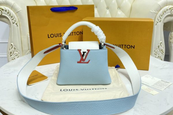 Replica Louis Vuitton M57519 LV Capucines Mini handbag in Olympe Blue/Red/White Taurillon leather