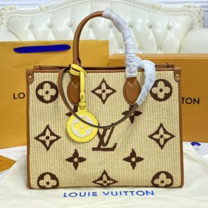 Replica Louis Vuitton M57707 LV OnTheGo MM tote bag in Tan Monogram Raffia