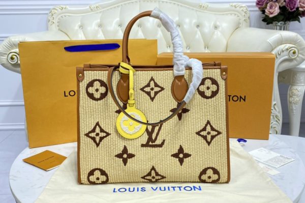 Replica Louis Vuitton M57707 LV OnTheGo MM tote bag in Tan Monogram Raffia