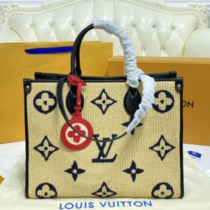 Replica Louis Vuitton M57723 LV OnTheGo MM tote bag in Blue Monogram Raffia