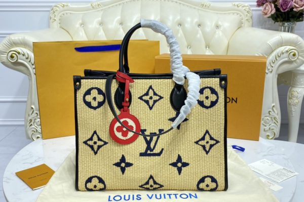 Replica Louis Vuitton M57723 LV OnTheGo MM tote bag in Blue Monogram Raffia