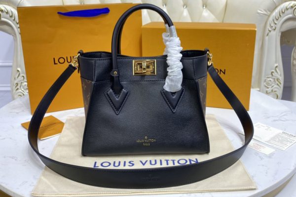 Replica Louis Vuitton M57728 LV On My Side PM tote bag in Black soft calf leather and Monogram canvas