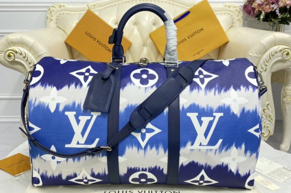 Replica Louis Vuitton M45117 LV Keepall Bandoulière 50 travel bag in Blue Monogram coated canvas