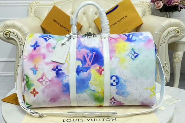 Replica Louis Vuitton M45758 LV Keepall 50 Bandoulière Bag in Monogram Watercolor Multico coated canvas