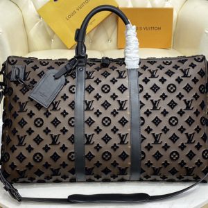 Replica Louis Vuitton M45046 LV Keepall triangle Bandoulière 50 Travel Bag in Black Monogram Tuffetage Jaune