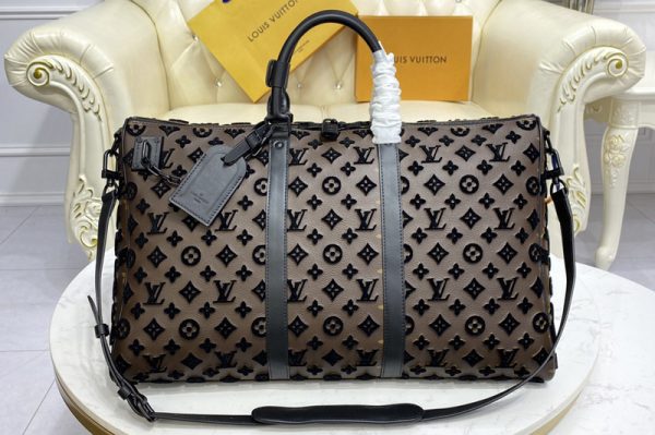 Replica Louis Vuitton M45046 LV Keepall triangle Bandoulière 50 Travel Bag in Black Monogram Tuffetage Jaune