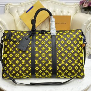 Replica Louis Vuitton M45069 LV Keepall triangle Bandoulière 50 Travel Bag in Yellow Monogram Tuffetage Jaune