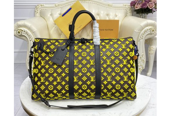 Replica Louis Vuitton M45069 LV Keepall triangle Bandoulière 50 Travel Bag in Yellow Monogram Tuffetage Jaune