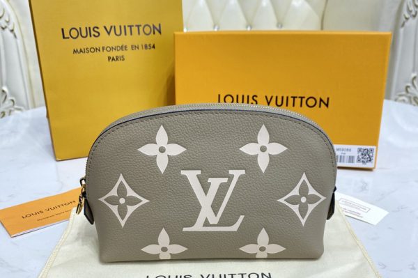 Replica Louis Vuitton M45951 LV Pochette Cosmetique PM in Dove Gray/Cream Monogram Empreinte leather