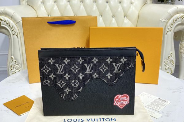 Replica Louis Vuitton M45961 LV Pochette Voyage MM in Black Monogram denim and Taurillon leather