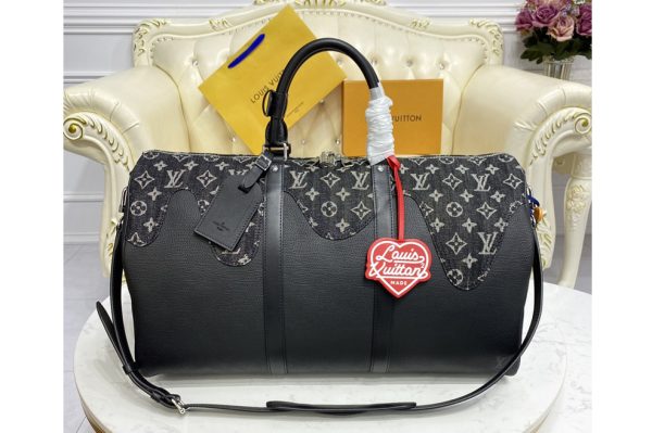 Replica Louis Vuitton M45975 LV Keepall Bandouliere 50 Travel Bag in Black Monogram denim and Taurillon leather