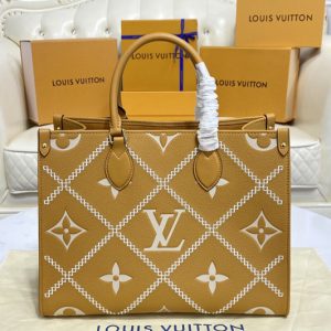 Replica Louis Vuitton M46015 LV Onthego MM tote Bag in Beige/Brown Monogram Empreinte leather