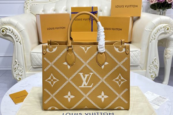 Replica Louis Vuitton M46015 LV Onthego MM tote Bag in Beige/Brown Monogram Empreinte leather