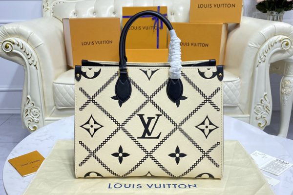 Replica Louis Vuitton M46016 LV Onthego MM tote Bag in Beige/Black Monogram Empreinte leather