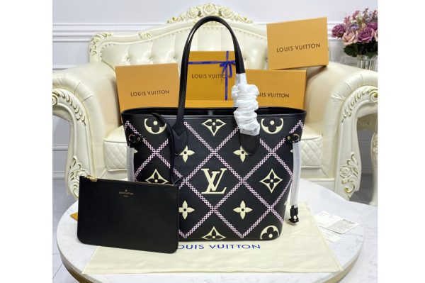 Replica Louis Vuitton M46040 LV Neverfull tote Bag in Black Monogram Empreinte leather