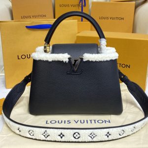 Replica Louis Vuitton M59073 LV Capucines MM handbag in Black Taurillon leather and shearling