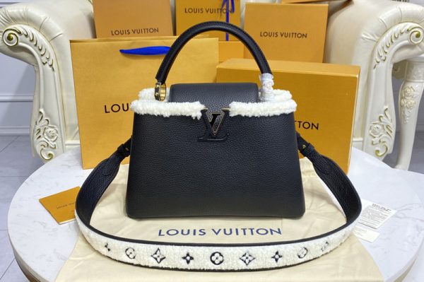 Replica Louis Vuitton M59073 LV Capucines MM handbag in Black Taurillon leather and shearling