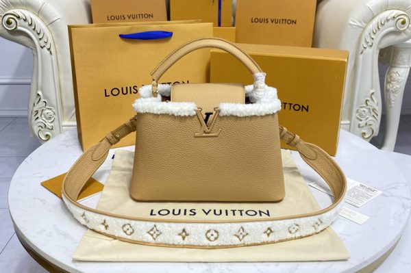 Replica Louis Vuitton M59073 LV Capucines MM handbag in Brown Taurillon leather and shearling