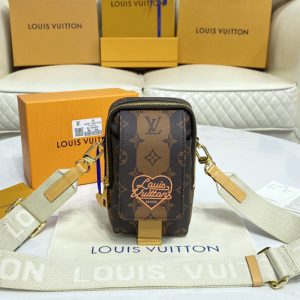 Replica Louis Vuitton M81005 LV Flap Double Phone Pouch in Monogram Stripes Brown coated canvas