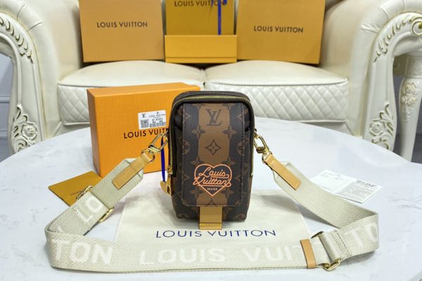 Replica Louis Vuitton M81005 LV Flap Double Phone Pouch in Monogram Stripes Brown coated canvas