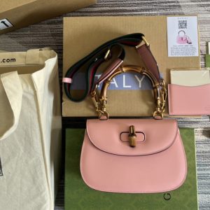 Replica Gucci ‎675797 Small top handle bag with Bamboo in Pink leather