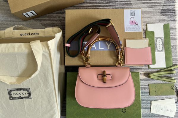 Replica Gucci ‎675797 Small top handle bag with Bamboo in Pink leather