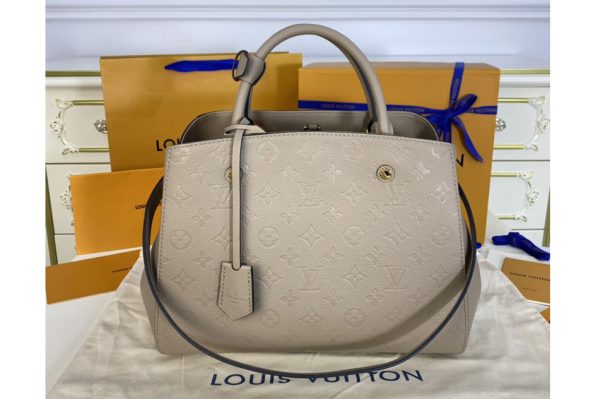 Replica Louis Vuitton M44931 LV Montaigne MM handbag in Tourterelle Grey Monogram Empreinte leather