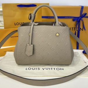 Replica Louis Vuitton M41053 LV Montaigne BB handbag in Tourterelle Grey Monogram Empreinte leather