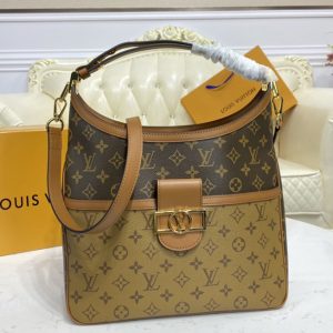 Replica Louis Vuitton M45195 LV Hobo Dauphine MM handbag in Monogram coated canvas and Monogram Reverse coated canvas