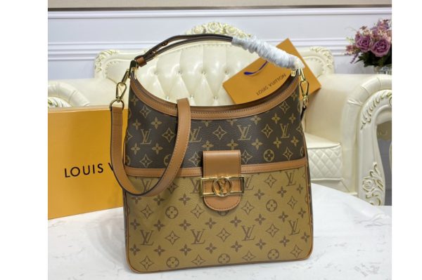 Replica Louis Vuitton M45195 LV Hobo Dauphine MM handbag in Monogram coated canvas and Monogram Reverse coated canvas