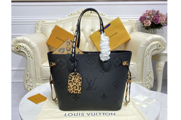 Replica Louis Vuitton M45856 LV Neverfull MM tote Bag in Black Monogram Empreinte leather