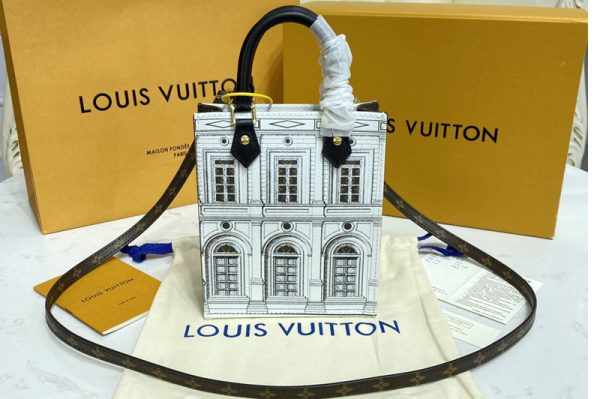 Replica Louis Vuitton M80991 LV Petit Sac Plat Bag in Black / White Printed patent calf leather